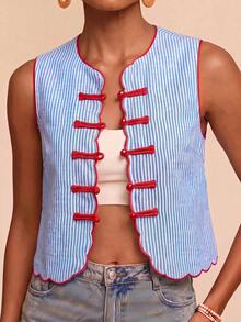 Travachic Women's Blue And White Stripe Frog Button Design Vest Shirt Boho French Retro Vintage 70s Chinese Style Striped Outfits Vacation Summer - Multicolor - View 3