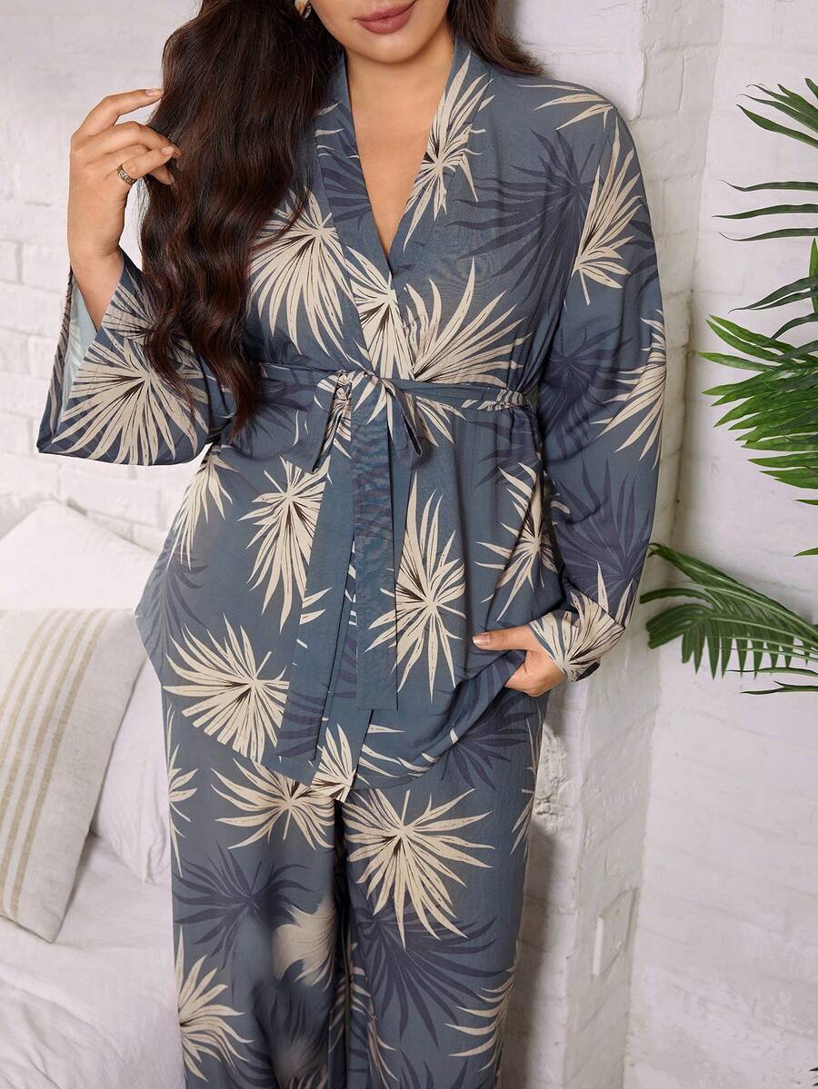 Serenescape Women's Long Sleeve Thin Plant Leaf Print Plus Size Pajama Set, Spring/Autumn - Multicolor - View 1