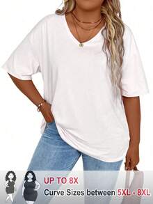 SHEIN CURVE+ Camiseta holgada de talla grande para mujer con cuello en V y hombros caídos, de unicolor - Blanco - Ver 1
