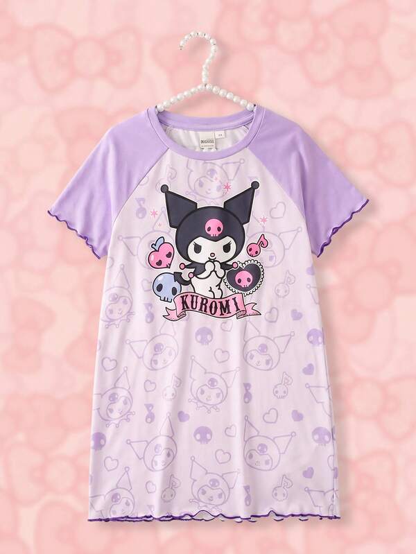 HELLO KITTY AND FRIENDS | SHEIN Young Girl Cartoon Print Raglan Short Sleeve Loungewear Dress