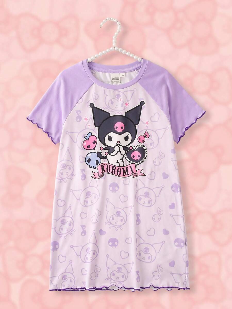 HELLO KITTY AND FRIENDS | SHEIN Gaun Santai Lengan Pendek Raglan Motif Kartun untuk Anak Perempuan - Purple - View 1