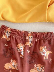 SHEIN Playful Pals 2件組幼兒男孩黃色純色圓領長袖套頭上衣 + 鬆緊腰獅子動物印花運動長褲，休閒可愛趣味街頭運動風套裝，適合秋季日常穿著、上學、旅行、度假、跑步等場合 - 黃色 - 查看 9