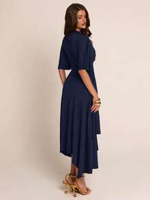 SHEIN BAE Autumn Solid Navy Blue Semi-High Neck Cape Sleeve Cinched Waist Asymmetrical Hem Mid-Length Women's Dress Elegant Bachelorette Party Wedding - Navy Blue - View 2