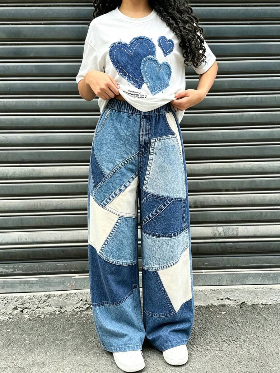 SHEIN Sparklyn 青少年女孩 T-shirt 與長褲 2 件套,休閒寬鬆針織,返校季復古秋季服飾,Y2K 女孩套裝,白色上衣寬腿褲 - 彩色 - 查看 1