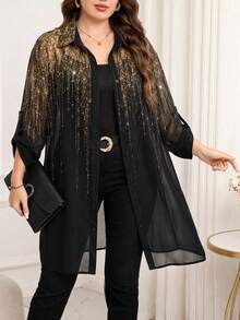 Reflora Plus Size Vacation Print Single-Breasted Sheer Fashion Shirt - Black - View 10