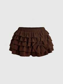 ROMWE Kawaii Girl Dark Brown Multi-Layer Ruffle Bow Decor Women's Skirt Party Summer Romantic Cute - Brown - View 1