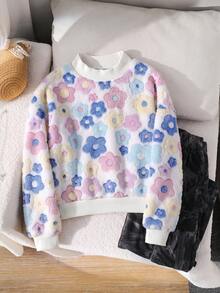 Emery Rose Kids Emery Rose Kids 兒童青少年女孩花卉圖案長袖秋冬衛衣，彩色花卉印花套頭衫，休閒運動戶外優雅抓絨套頭衫 - 彩色 - 查看 5