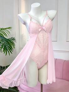 Crystal Vow Sheer Mesh Patchwork 2 In 1 Sexy Lace Women Lingerie Bodysuit Bountiful Floral Splendor - Baby Pink - View 6