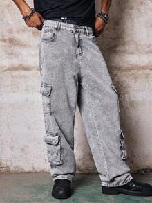 Skyrend Men's Distressed Cargo Jeans, Washed Solid Color Straight Leg Casual Pants With Pockets Fall/Autumn/Winter Grunge - Grey - View 6