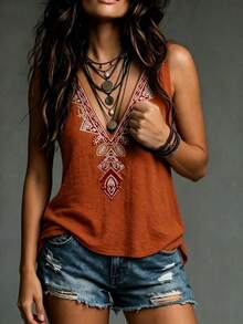 SHEIN Vacation Casual Boho V-Neck Embroidered Sleeveless Top Vacation Rust Brown Summer - Orange - View 6