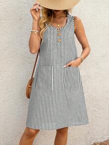 Zaforene Plus Size Women's Summer Casual Western Kawaii Vacation Sleeveless Black And White Striped Short Dress With Pockets Formal - Black and White - View 10