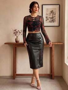 EastFlair Plus Size Women's Fashion Dragon Print Sheer Top Night Party Black Autumn Sexy Fall - Black - View 11