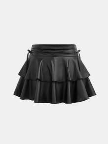 SHEIN 兒童青少年女孩秋/冬新款黑色純色休閒抽繩綁帶雙層蛋糕裙，PU材質，派對聚會，內建安全褲，返校季 - 黑色 - 查看 2