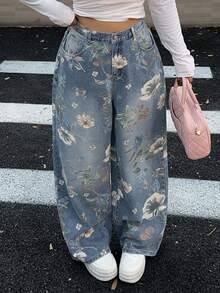 Dazy Tall Curve Floral All-Over Print Fashion Design Straight Leg Long Plus Size Women's Jeans Tall All-Season Pants Fall Vacation Wedding Guest Boho Casual - Medium Wash - View 7