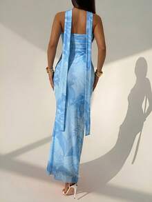 Aloruh Vestido Maxi Casual Elegante Estampado para Vacaciones de Mujer, Vestido Maxi con Cinta/Impresionante Vacación en la Isla/Vestido de Verano/Encantador Vestido Corto Sexy - Celeste - Ver 2
