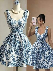 Fine & Folde Women Elegant Daily Refresh Blue Floral Bustier A-Line Cami Dress - Blue - View 1