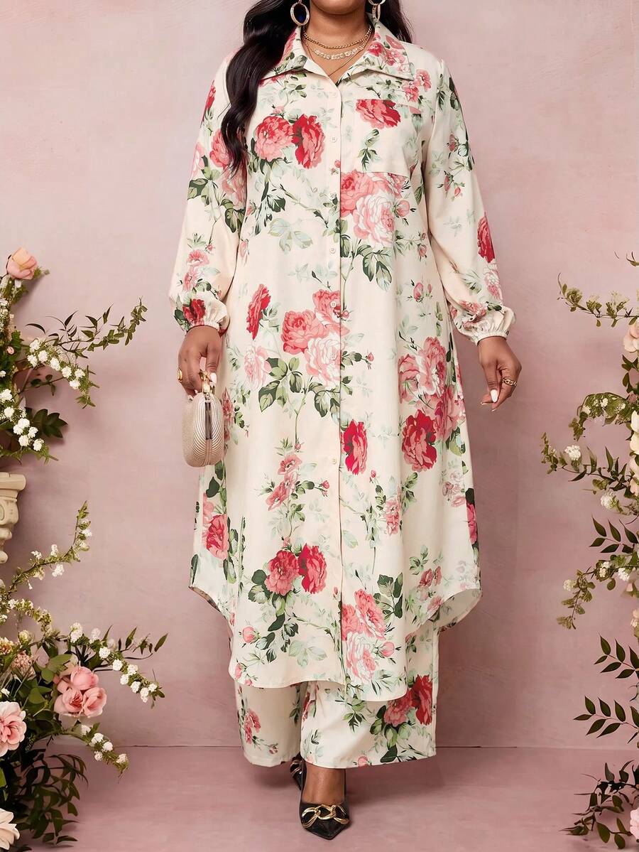SHEIN Lady 大尺碼女款花卉印花長袖上衣與長褲休閒優雅日常兩件套,秋季正式婚禮賓客紅白色 - 杏色 - 查看 1