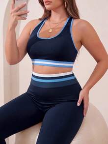SHEIN Unity Plus-Size Women's Patchwork Backless Camisole Top And Tight Leggings Casual Sportswear Set - Blue - View 2
