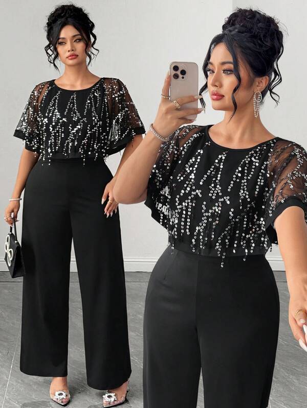 Elenzga Plus Size Women's Elegant French Style Formal Evening Autumn Round Neck Sequin Tassel Mesh Decor Jumpsuit