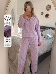 DAZY Women's Ditsy Floral Short Top & Long Pants 2 Pieces Pajama Set, Summer Autumn Winter - Mauve Purple - View 4