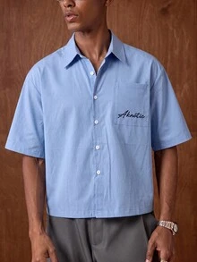 AKNOTIC 男士夏季休閒字母刺繡短袖襯衫 - 霧霾藍 - 查看 2