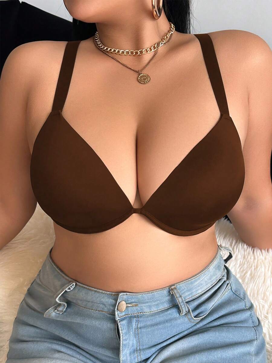DesireSculpt 1pc Women Plus Size Solid Color Underwire Bra, Lift - Brown - View 1