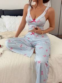 Napfluff Striped Bow Ruffle Trim Women's Pajama Set - Blue - View 4