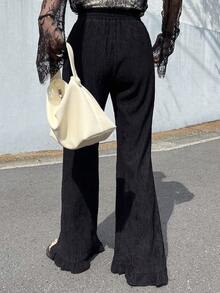 DAZY Women's Fashion Versatile Textured Elastic Waist Ruffle Hem Long Pants - Black - View 7