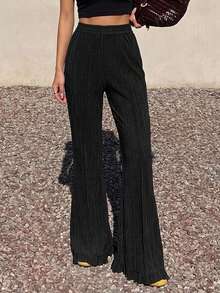 DAZY Women's Solid Color Flared Leg Comfortable Pants Petite - Black - View 4