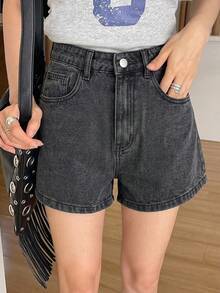Livesso Petite Celana Pendek Denim Saku Kancing Serbaguna untuk Wanita, Cocok untuk Musim Panas - Hitam - View 9