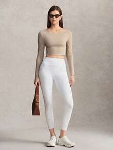Activina Women's Solid Color Back Cutout Twist Design Long Sleeve Cropped Sports T-Shirt - Beige - View 6