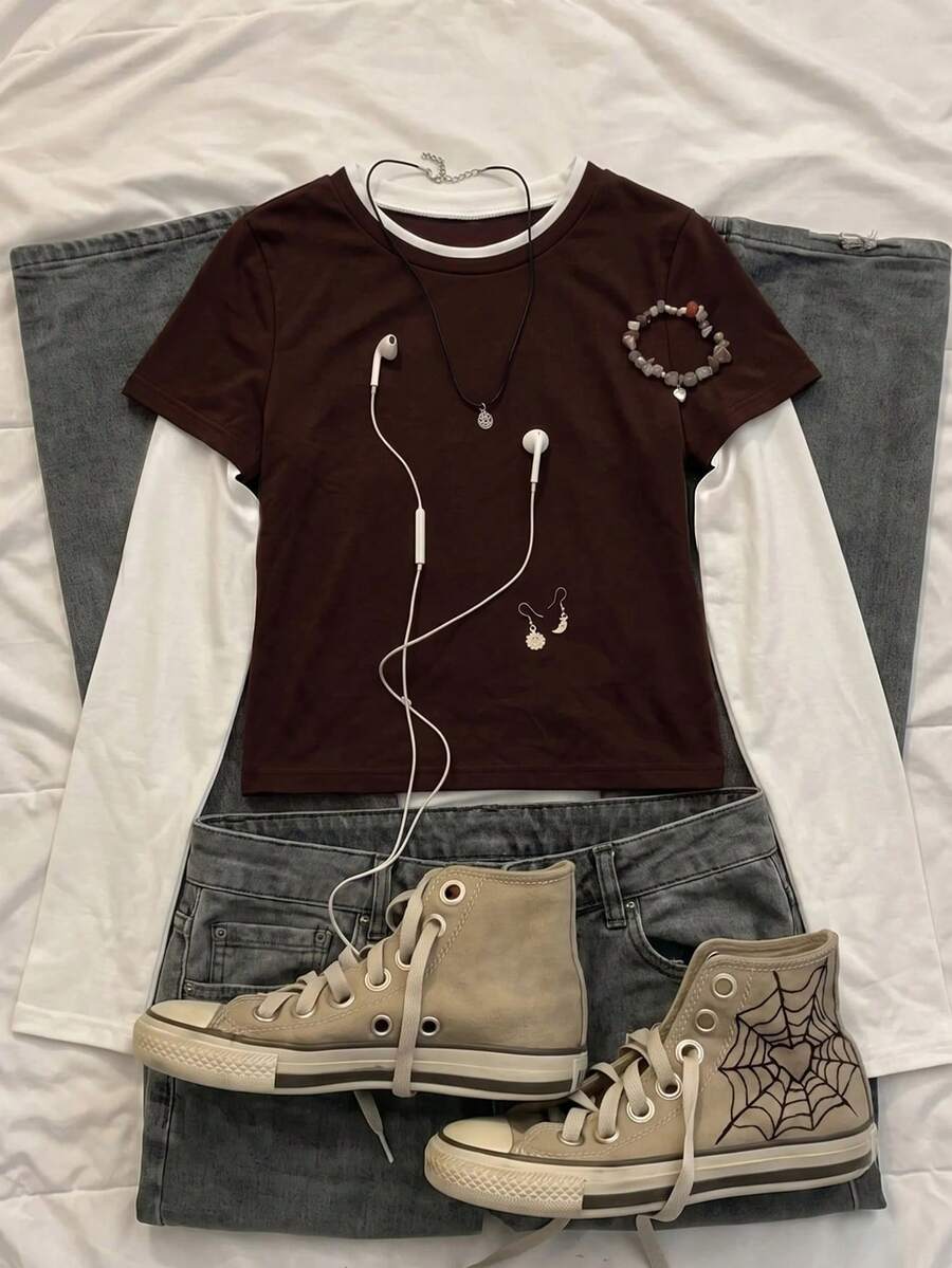 Attitoon Camiseta 2 en 1 con bloques de color y patchwork para mujer - Café integral - Ver 1