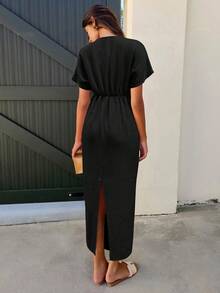 SHEIN LUNE 女士纯色简约日常深V领短袖长裙 - 黑色 - 查看 2