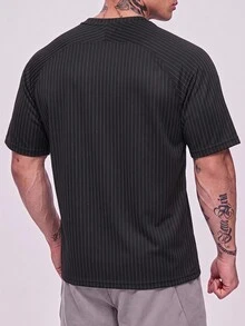 GymBeat Cool Silk Fresh Cotton 200g 男士槓鈴條紋印花插肩短袖運動T恤 - 黑色 - 查看 2