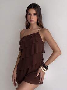 Aloruh Brown Romantic Chiffon One-Shoulder Multi-Layer Ruffle Design Short Jumpsuit For Women - Brown - View 3