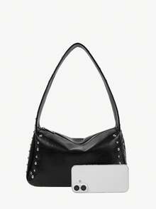 Viva Strut Women's Fashionable Personalized Simple Versatile Street Style Rivet Decoration Shoulder Bag, Hobo Bag, Retro Black Faux Leather, Daily Shopping - Black - View 4