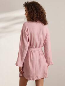 Ocili Comfortable Pure Cotton Soft Mesh Double Layer Robe Women's Loungewear Long Robe With Frill Trim - Pink - View 3