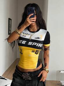 Coolane Camiseta de manga corta con cuello redondo, bustier elástico con bloques de color negro y rojo, estilo streetwear sexy Y2k chic, ropa deportiva para rave, club, regreso a clases y uso diario, con gráficos, para mujer en verano - Amarillo - Ver 4