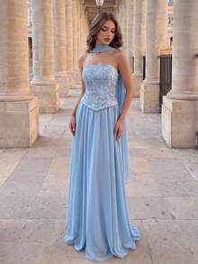 Poshira Women's Sequin Patchwork Chiffon Halter Neck Long Ribbon Cocktail Dress - Blue - View 6