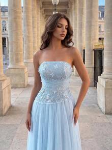 Poshira Women's Elegant Strapless Ball Gown With 3D Floral Decoration (Intricate Design) - Blue - View 6