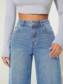 SHEIN PETITE 女款休閒水洗直筒牛仔褲 - 淺色水洗藍 - 查看 6