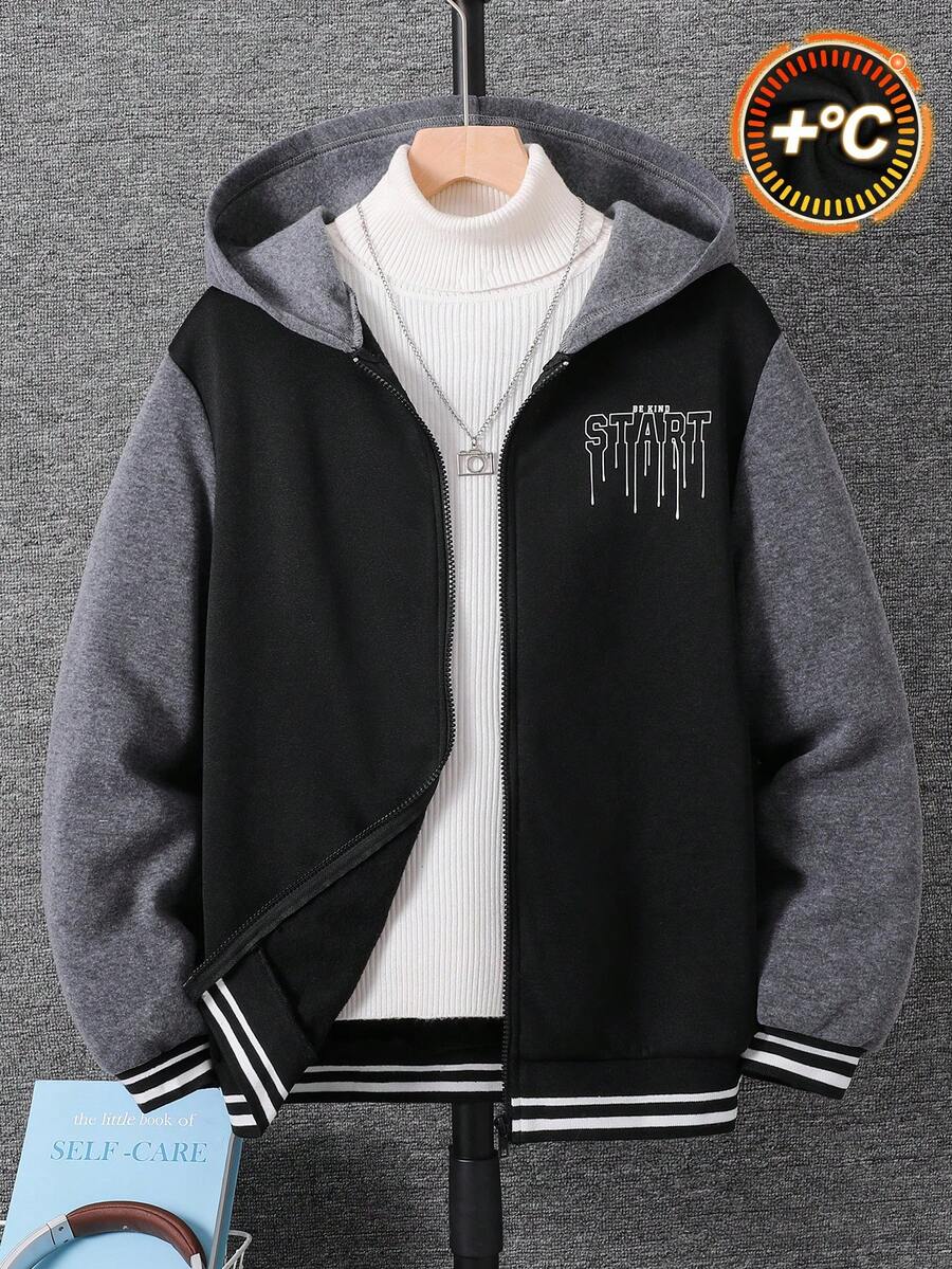 SHEIN 青少年男孩基本款毛絨內裡夾克,休閒連帽秋冬外套,保暖內裡填充外套 - 彩色 - 查看 1
