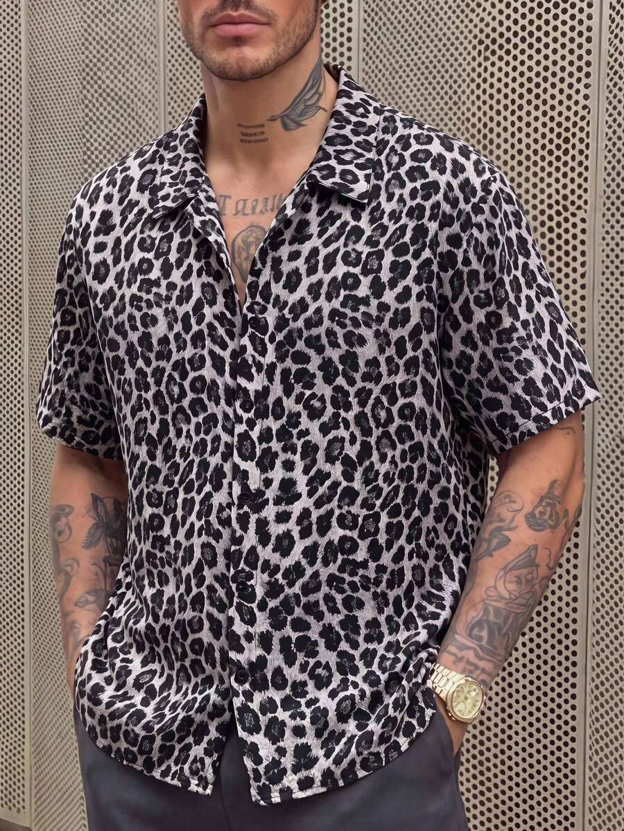 EASEVO Stylish Leopard Print Short Sleeve Button Up Casual Shirt For Summer - Multicolor - View 1