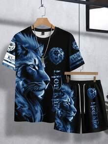 Manfinity Roughcore 男士字母獅子圖案短袖T恤與短褲休閒日常穿搭套裝 - 彩色 - 查看 3