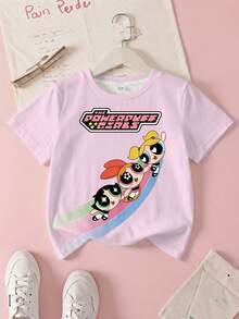 THE POWERPUFF GIRLS X SHEIN 女童字母卡通印花休閒日常短袖T恤 - 白色 - 查看 1