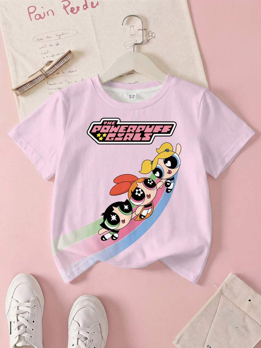 THE POWERPUFF GIRLS X SHEIN 女童字母卡通印花休閒日常短袖T恤 - 白色 - 查看 1