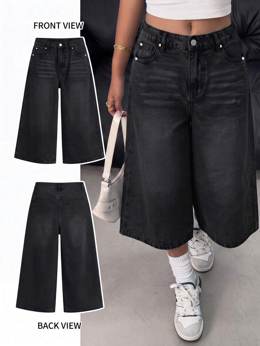 SHEIN 青少年女孩休閒百搭日常旅行牛仔褲,附口袋與鈕扣 - 黑色 - 查看 1
