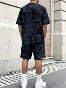Manfinity Hypemode 男士丹寧效果字母印花休閒運動居家旅行兩件式短套裝 - 藏蓝色 - 查看 2