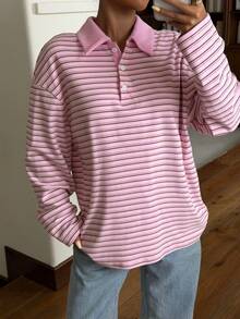 Muchica Pink Striped Thick And Comfortable Knitted Women's Polo Collar Long-Sleeved T-Shirt, Casual Top, Perfect For Back-To-School Season. - Pink - View 3