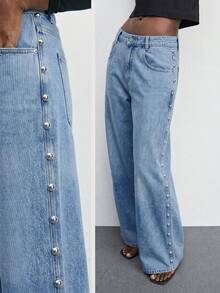 Maija Women's Casual Washed Beaded Decor Wide Leg Jeans Fall - Light Wash - View 4